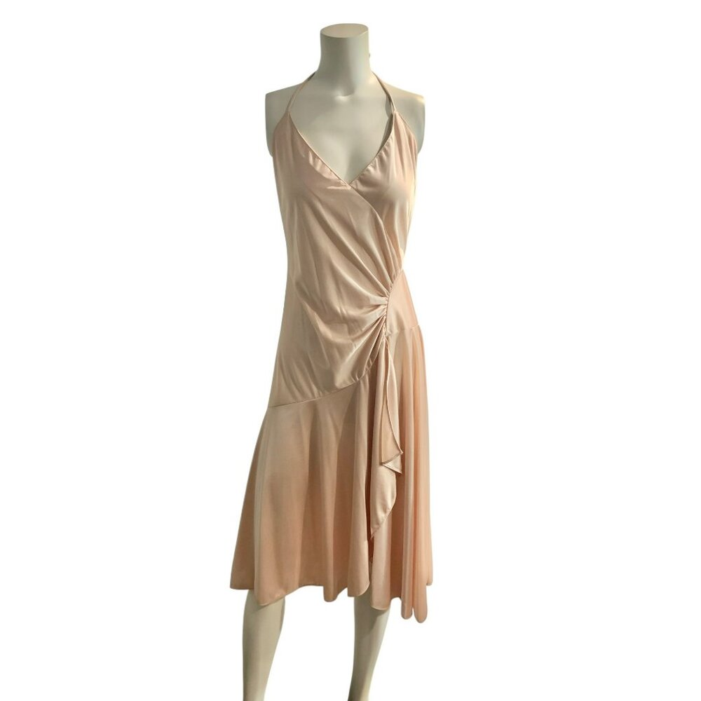 VTG ACT 1 NY Halter Dress Satin Asymmetrical Fairy Whimsical Romantic 70s Peach